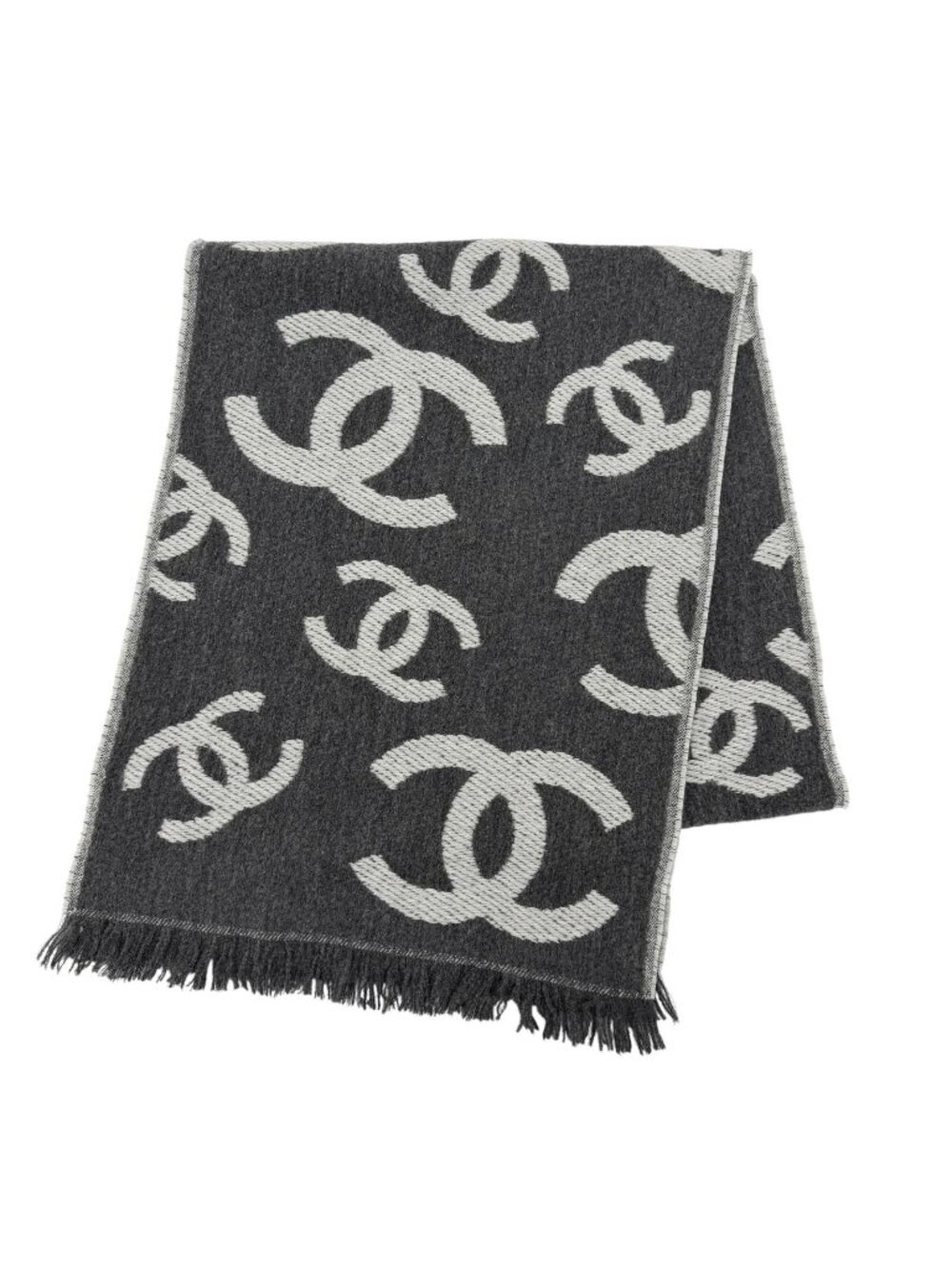 Chanel Wool Cashmere Blend CC Logo Scarf Shawl with Fringe Gray